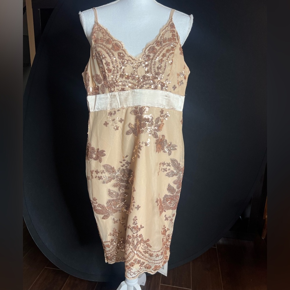 Elegant Sequin Embellished Dress in Cream and Brown